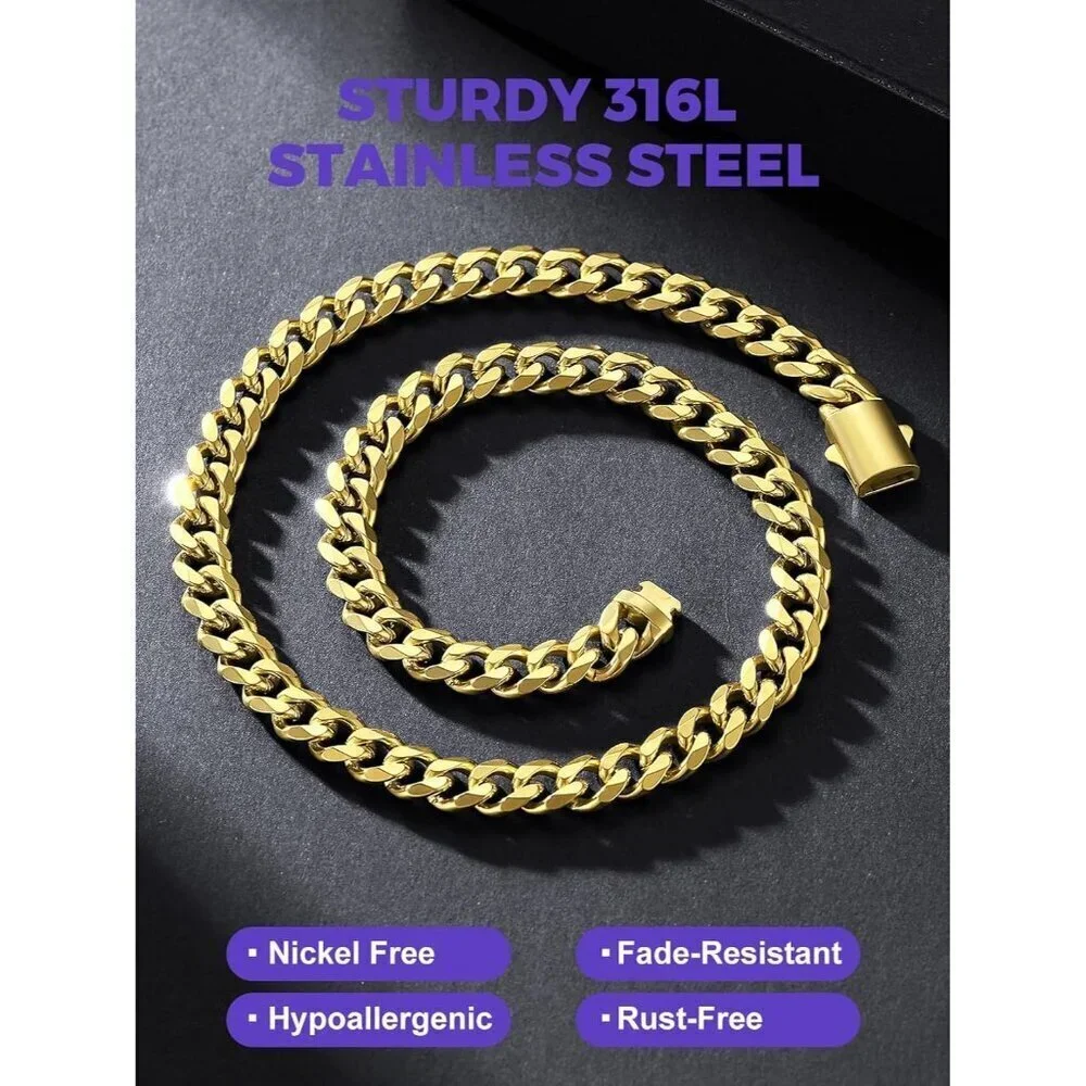 Men's 9MM Width-Gold Stainless Steel Miami Cuban Curb Link Chain Necklace